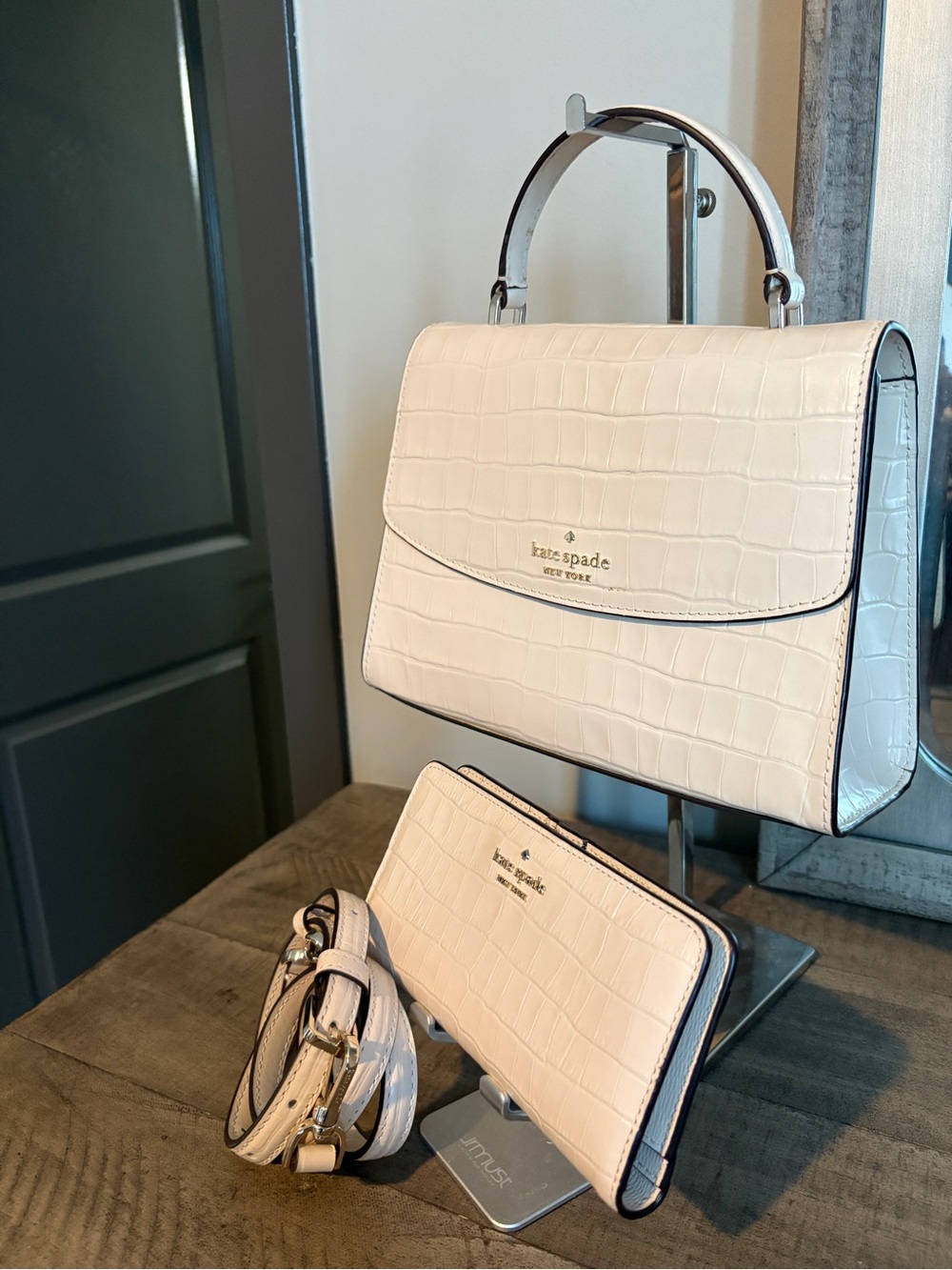 Kate Spade Cream Croc-Embossed Top-Handle Bag with Wallet